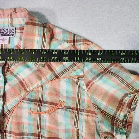 PINK Cattlelac Women's Western Short Sleeve L Peach Plaid Snaps Cowgirl Rodeo‎ - Picture 11 of 15